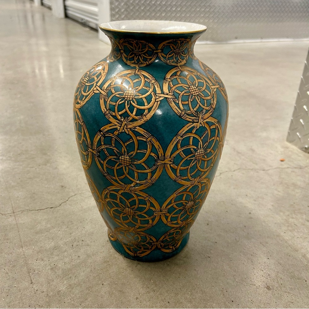 Andrea By Sadek Teal & Gold Decorative Porcelain Vase With Asian-Inspired Design